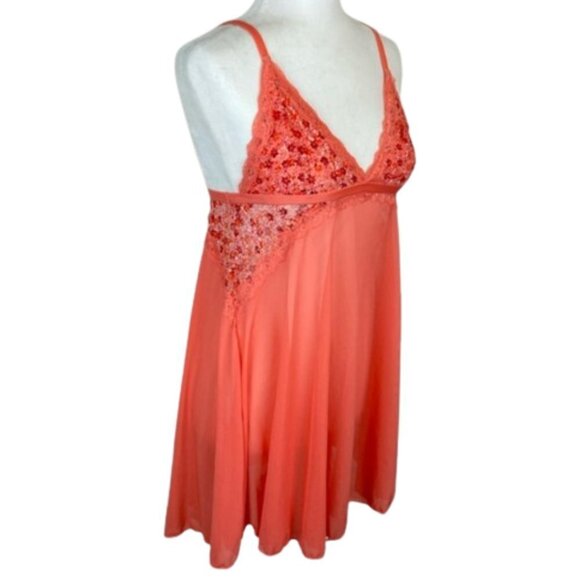 French Affair Scoop Babydoll Chemise in Coral Size XL Slip Dress Lace - Picture 1 of 14